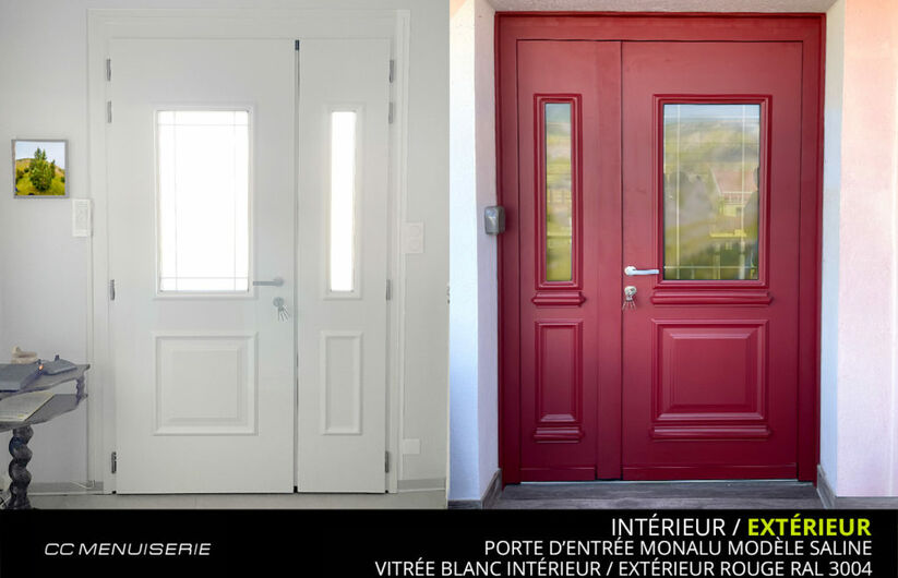 Porte d'entrée Monalu modèle Saline Extérieur rouge ral 3004 - Intérieur blanc vitrée