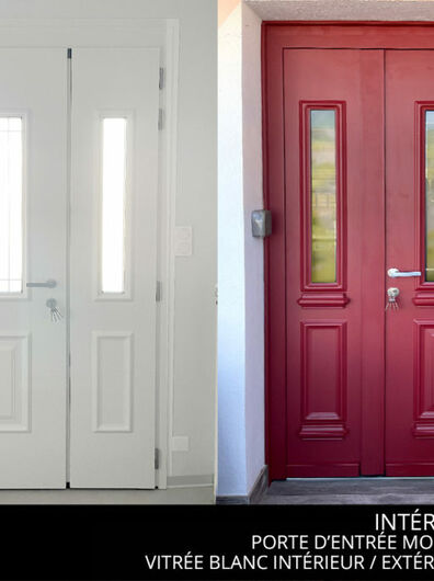 Porte d'entrée Monalu modèle Saline Extérieur rouge ral 3004 - Intérieur blanc vitrée